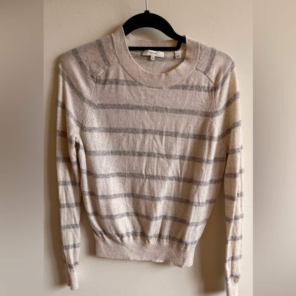 Vince Cream and Gray Striped Crewneck Sweater